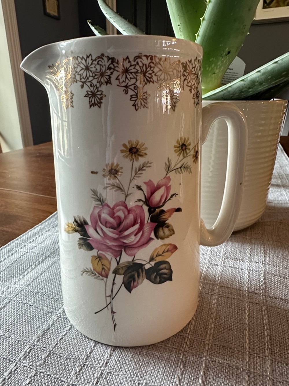 Vintage Lord Nelson Pottery Floral Ceramic Pitcher with Pink Rose Motif